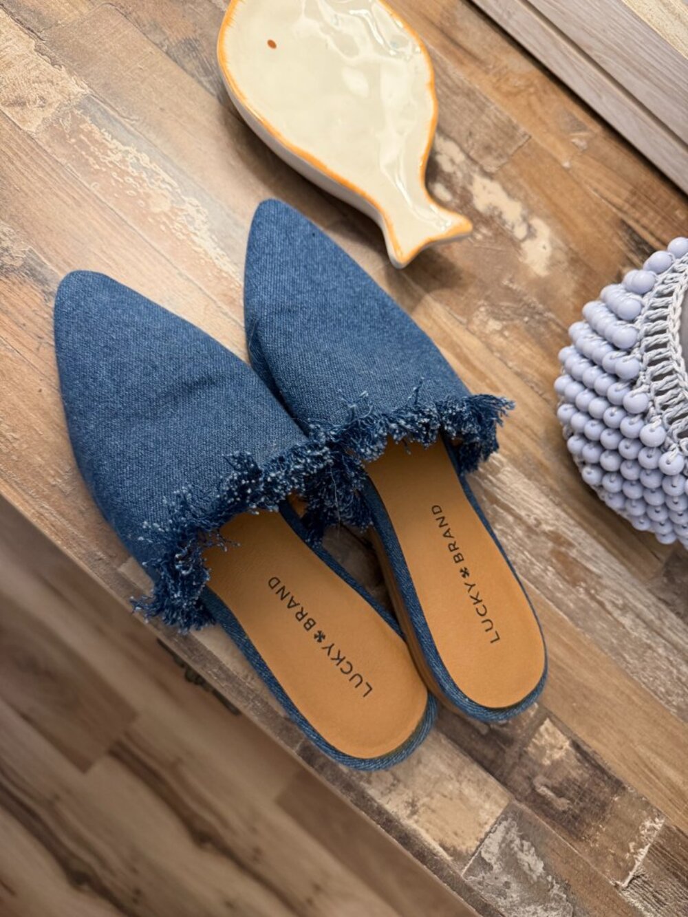 Lucky Brand Denim Pointed Toe Fringe Slide Flats - Size 7 - Like New